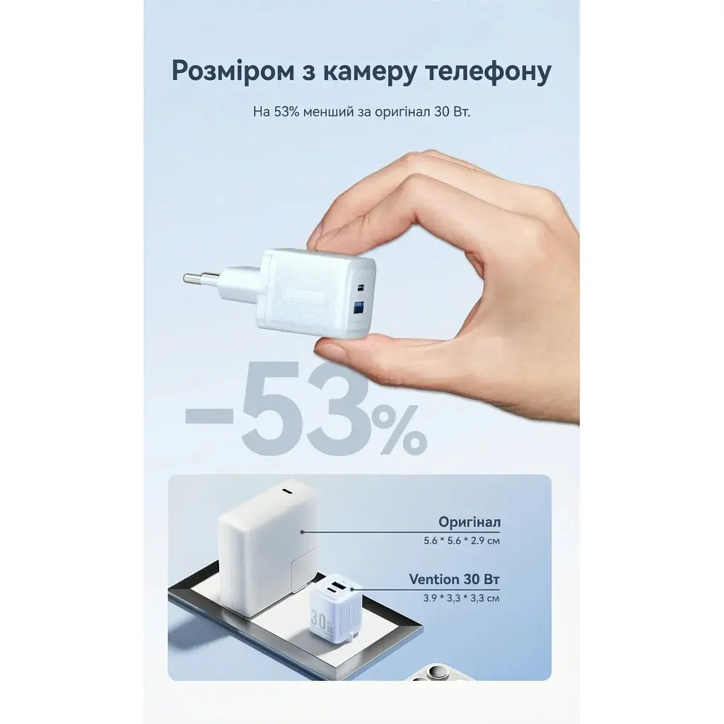 Зарядний пристрій Vention 1xUSB-C PD 30 Вт + 1xUSB QC 3.0 30 Вт GaN білий (FEQW0-EU) - фото 6