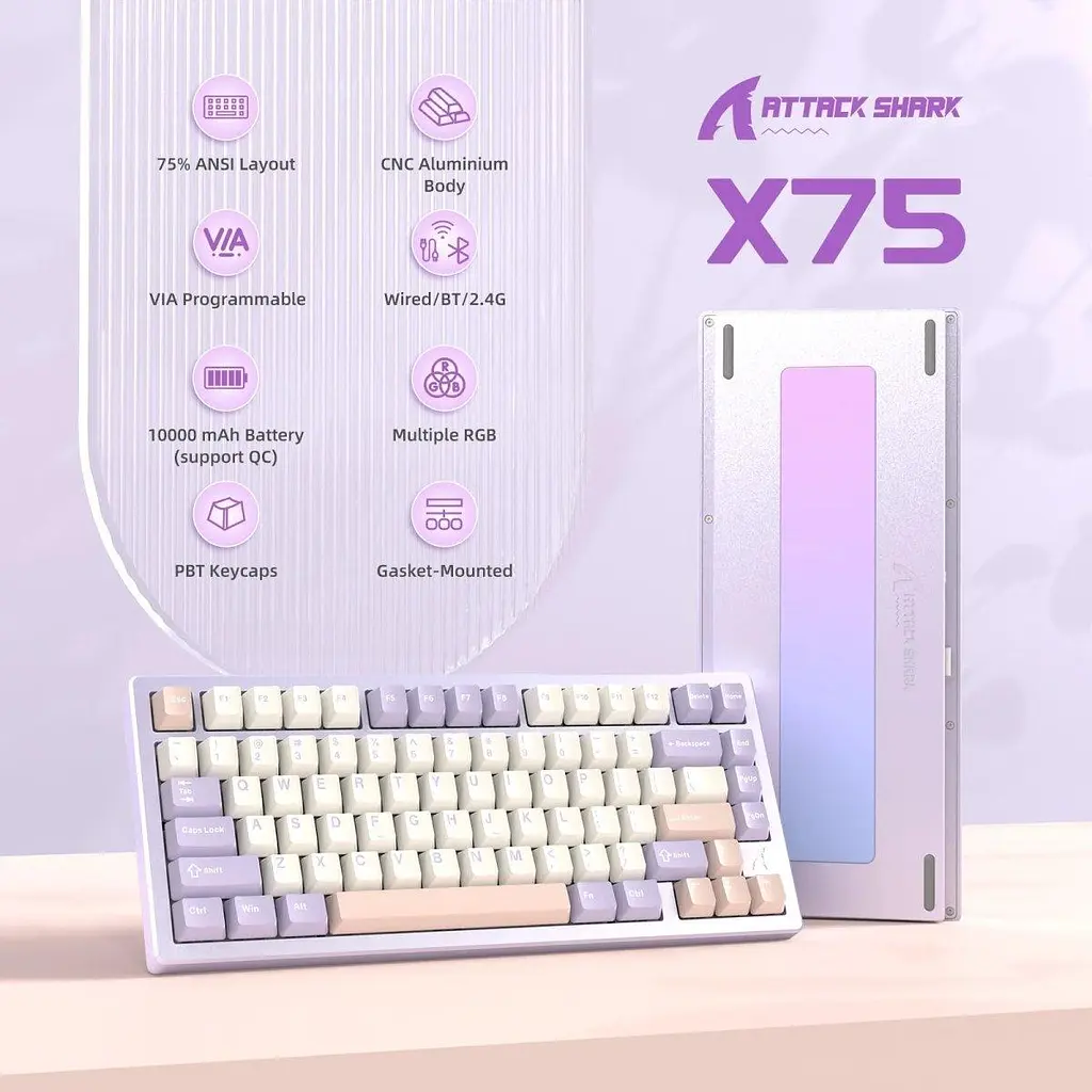 Клавіатура Attack Shark X75 RGB Kailh MX Crystal Switches Wireless (AS-6972792471464-TP-UA) Twilight Purple (G-000004025) - фото 3