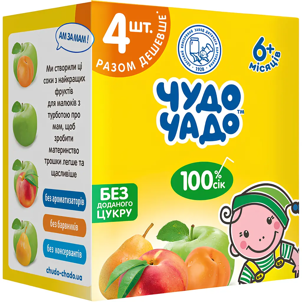 Упаковка соку Чудо-чадо Яблуко-абрикос + Яблуко + Яблуко-персик + Яблуко-груша 4.8 л (4 шт. по 200 мл x 6 шт.) - фото 2