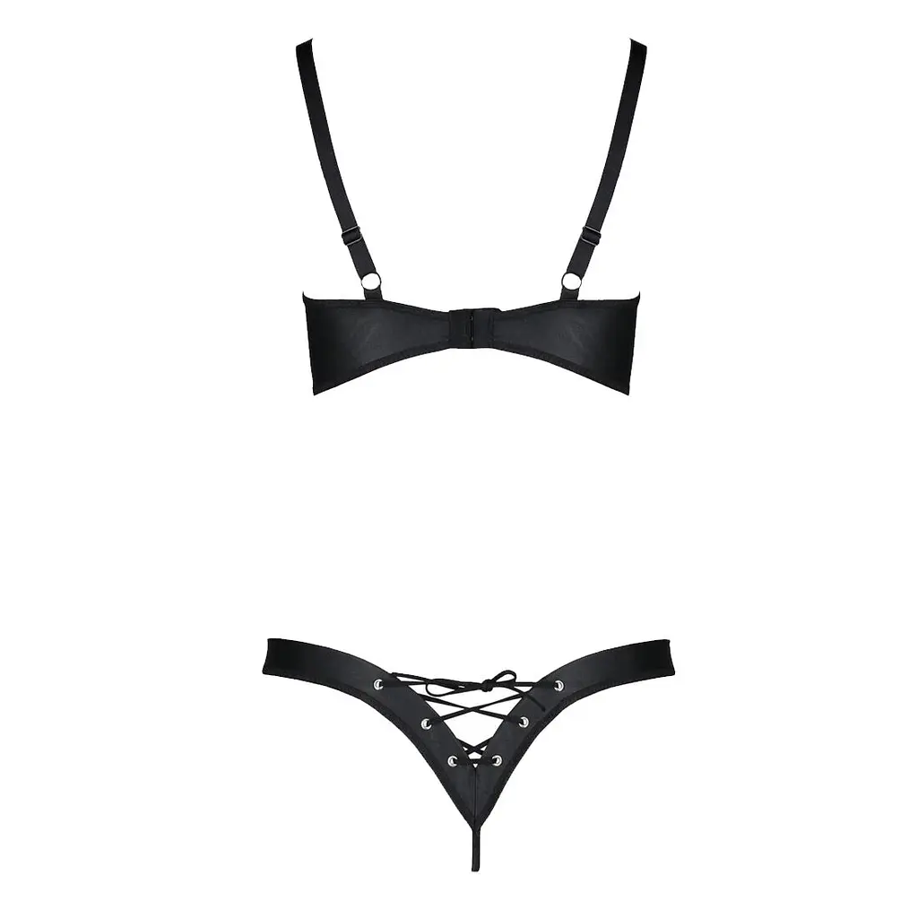 Комплект з екошкіри Passion CELINE BIKINI 6XL/7XL black, відкритий бра, стрінги зі шнурівкою - фото 4