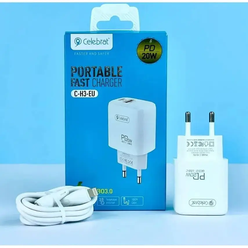 Зарядний пристрій Celebrat C-H3 Type C + USB QC3.0 20W Charger White + Lightning Cable - фото 2