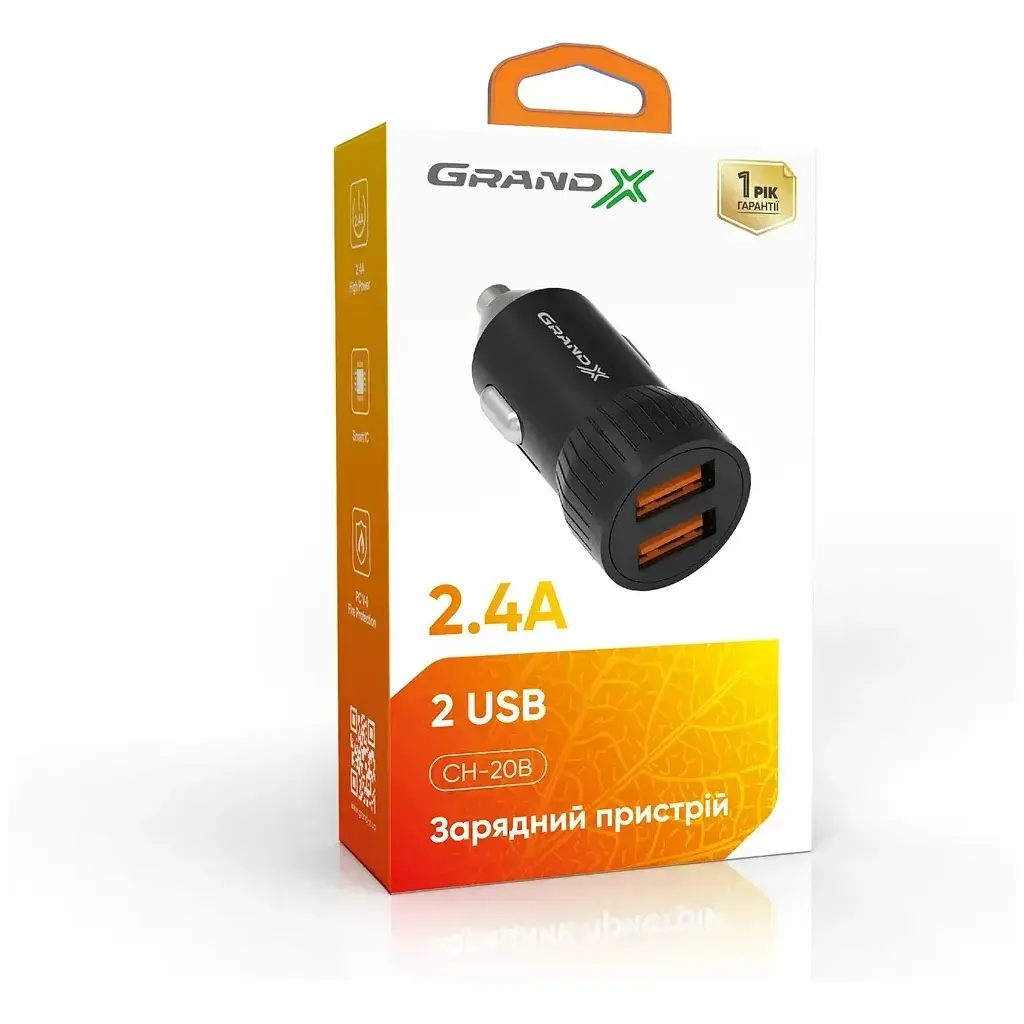 Зарядний пристрій Grand-X 1xUSB 2.4A car adapter black (CH-20B) - фото 2