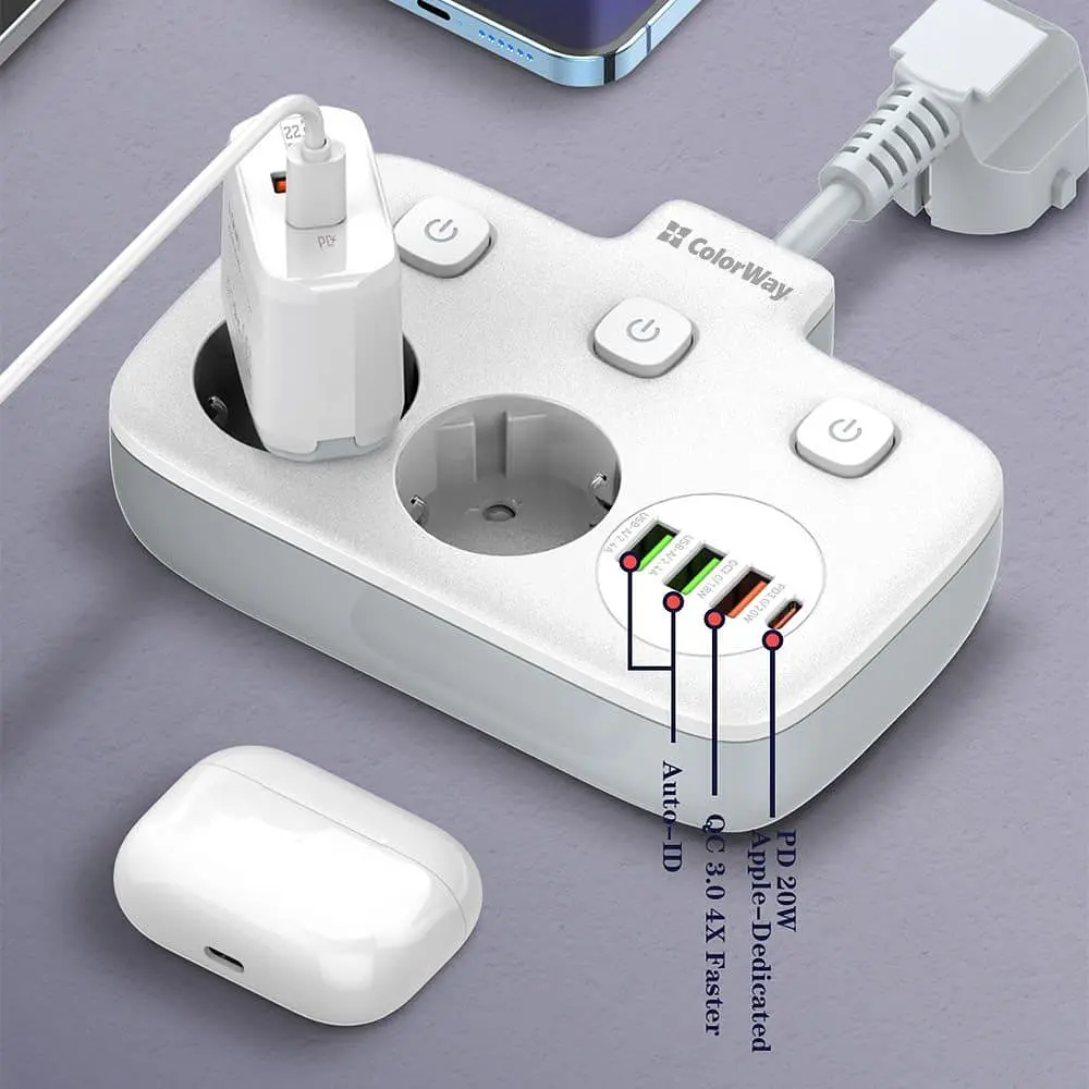 Мережевий фільтр ColorWay olorWay 2x220V/3xUSB-A/1xUSB-C (CW-CHE24PDW) - фото 12
