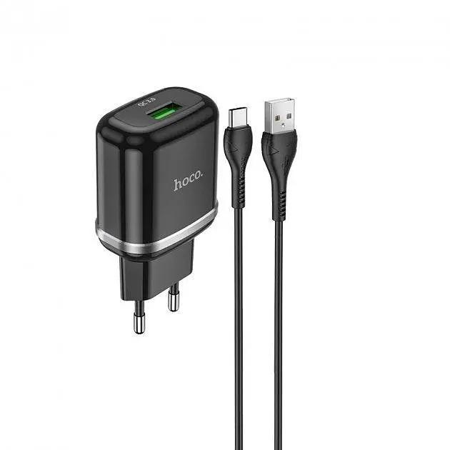 Мережевий зарядний пристрій Hoco N3 Special single port 1 USB, QC3.0 + USB Cable Type-C 3A Black - фото 5