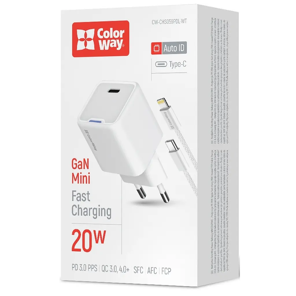 Зарядний пристрій ColorWay C101D GaN Mini 20 Вт PD PPS USB-C + кабель USB-C — Lightning білий (CW-CHS059PDL-WT) - фото 7