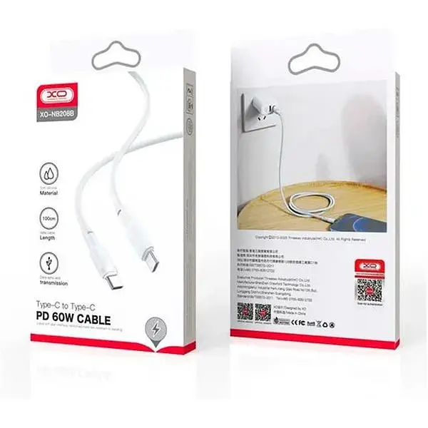 Кабель XO PD Type-C to Type-C NB208B Liquid Silicone 60W 1m White - фото 2