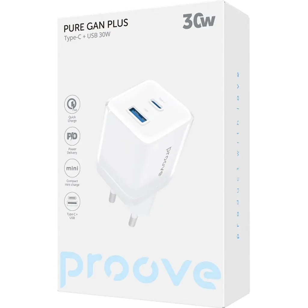 Мережевий зарядний пристрій Proove Pure GaN Plus 30W USB-C/USB-A White (WCPU30111202) [130265] - фото 3