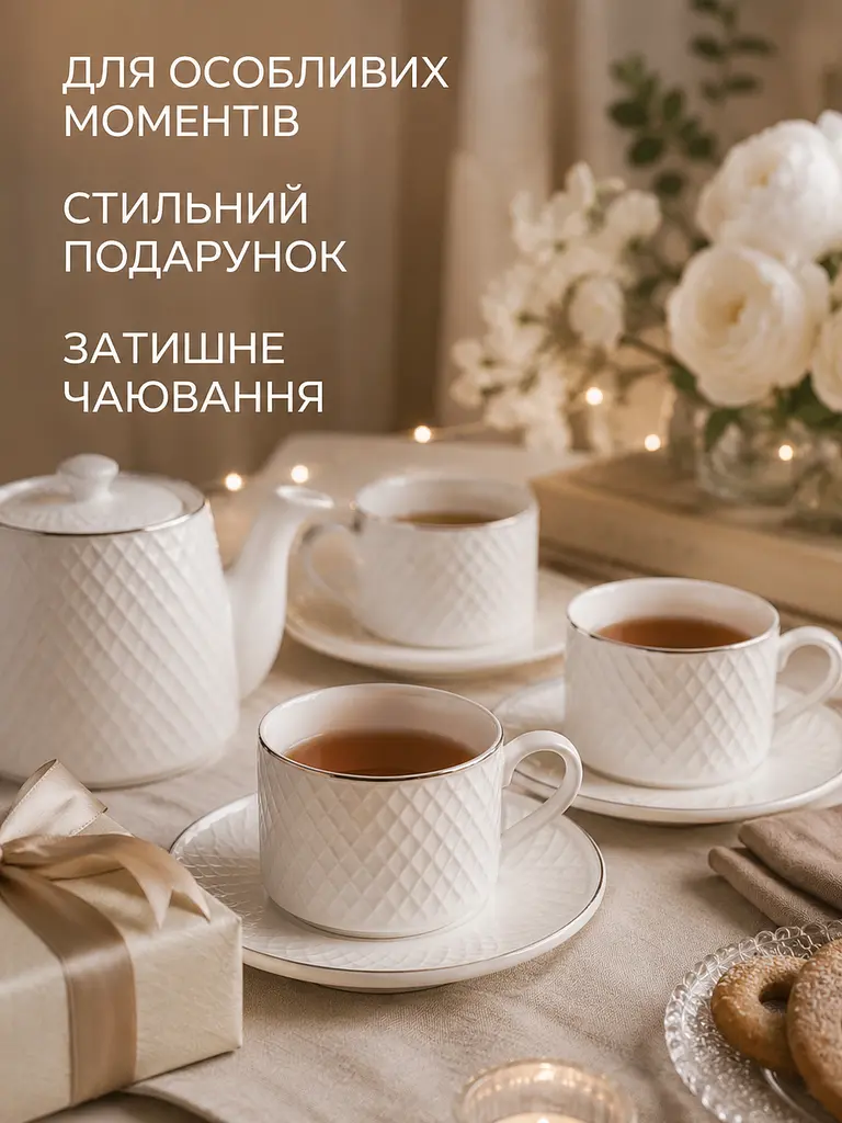Чайний сервіз фарфоровий білий на 6 персон 12 предметів, чашки 200 мл, блюдця Ø14 см (49676239) - фото 9