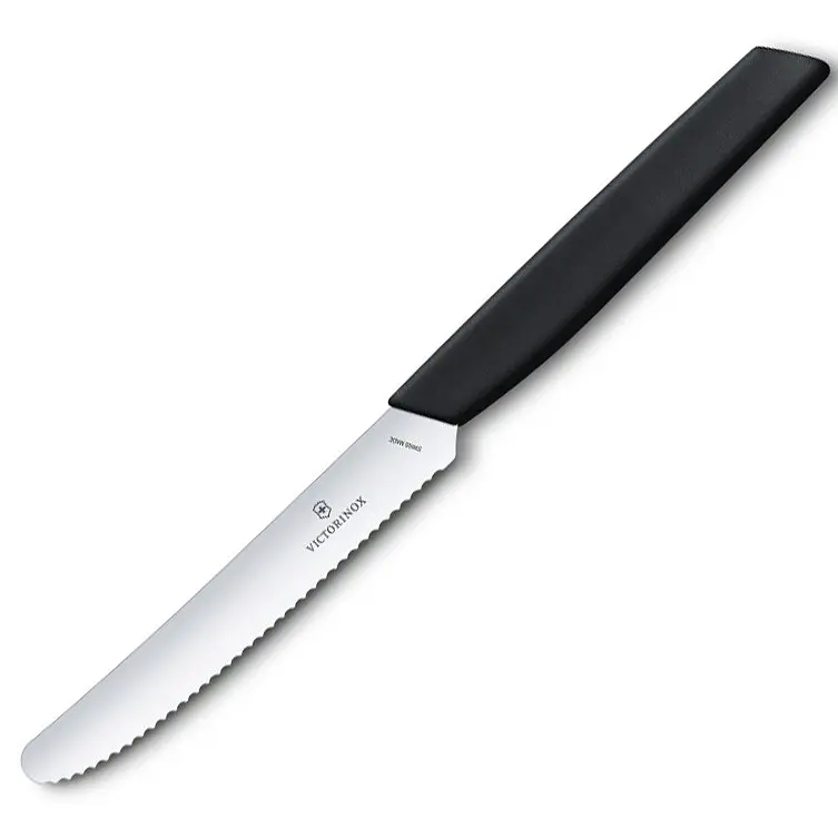 Кухонний ніж Victorinox Swiss Modern Tomato&Sausage 11см закругл.нос, хвил. з черн. ручкою