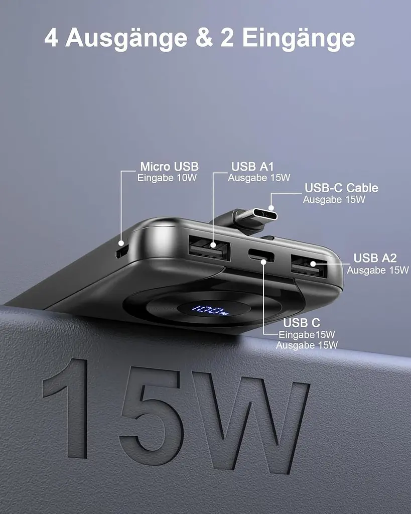 Повербанк 10000 мАг, USB-C Вхід та вихід з кабелем, функція швидкого заряджання - фото 5