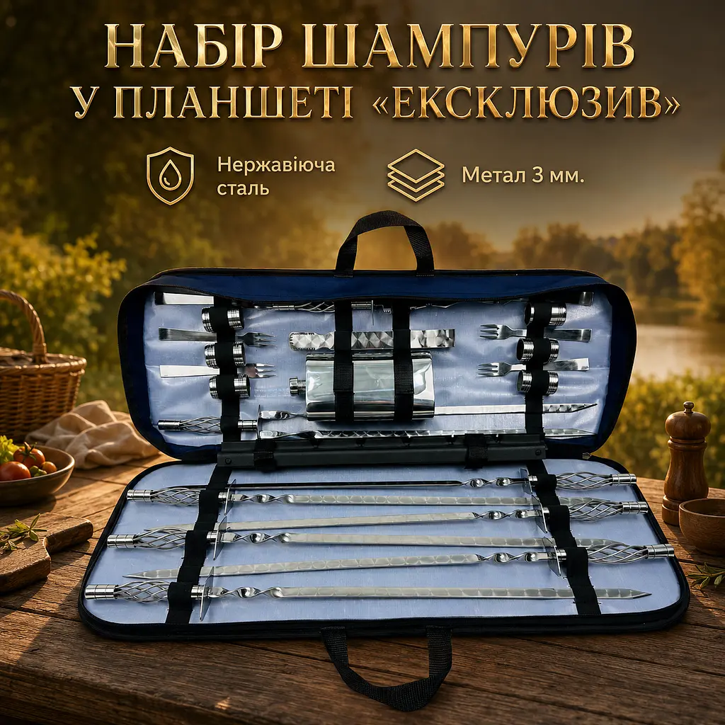 Набір шампурів Планшет Ексклюзив 23 предмети з мангалом-рамкою, флягою, чарками та виделками - фото 2