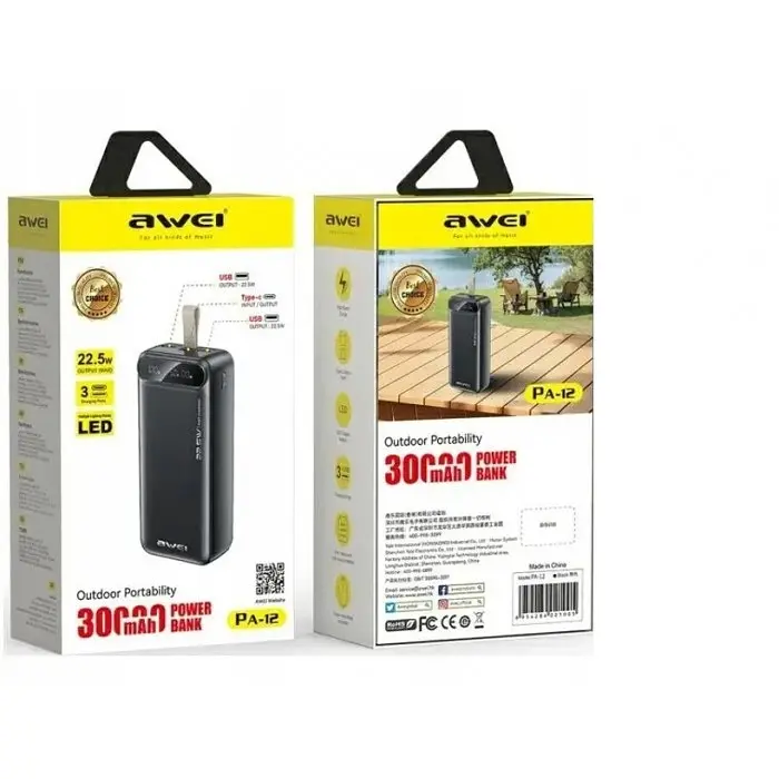 Зовнішній акумулятор Power bank із швидкою зарядкою Чорний Awei PA12 30000mAh PD22 5W