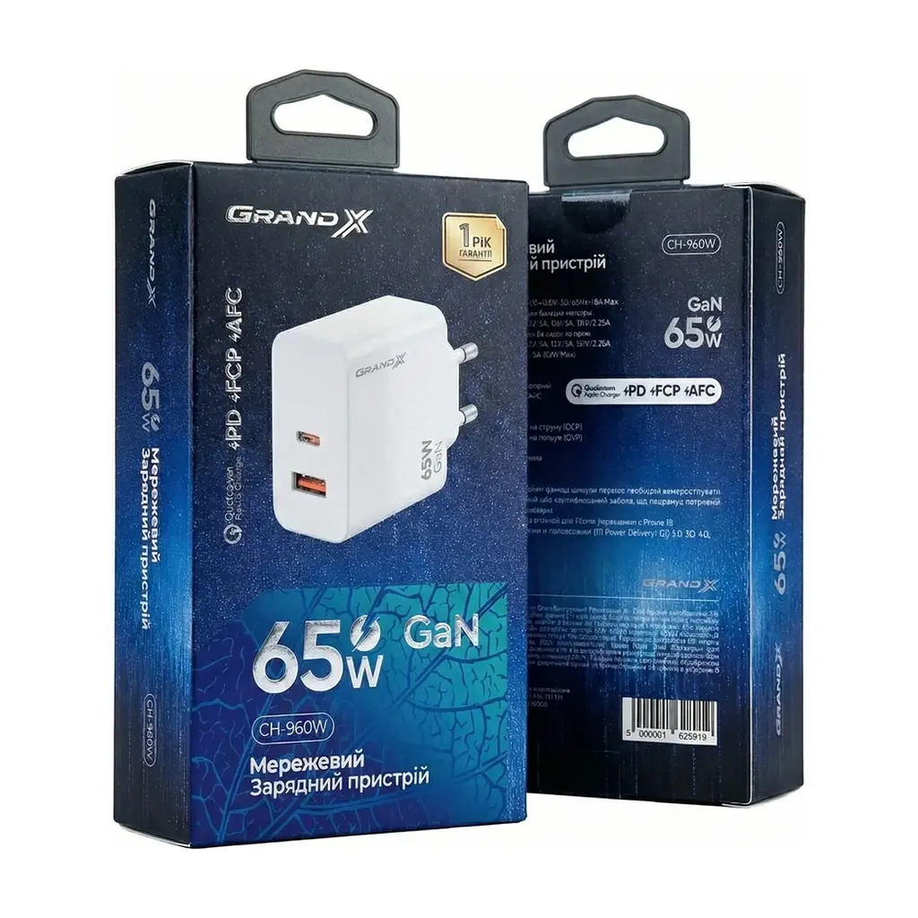 Зарядний пристрій Grand-X GaN 1xUSB-C + 1xUSB 65W PD3.0 QC4.0 AFC SCP FCP white (CH-960W) - фото 7