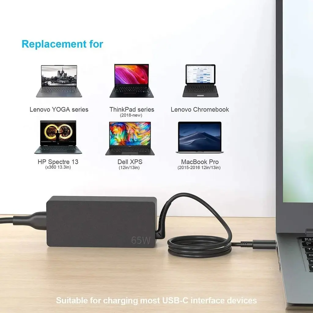 Заміна зарядного пристрою Lenovo 65W USB C; сумісний з Lenovo ThinkPad T480s T580s T490 E480 E580 Chromebook C330 S330 100e 300e - фото 6