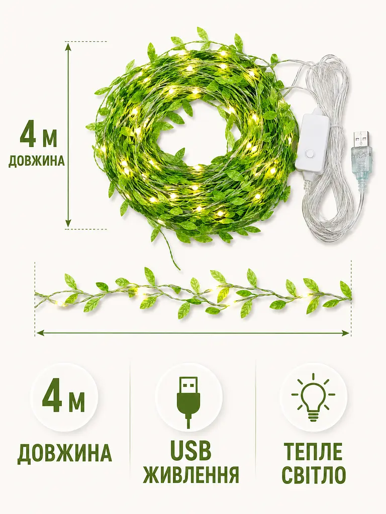 Гірлянда Зелена іва 4 м тепле світло USB-живлення з пультом (49675989) - фото 3