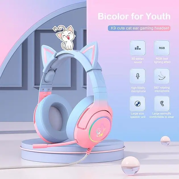Дротова гарнітура Onikuma Gaming CAT Gradient with RGB K9, 7.1, USB, 2.2m, pink&blue - фото 7