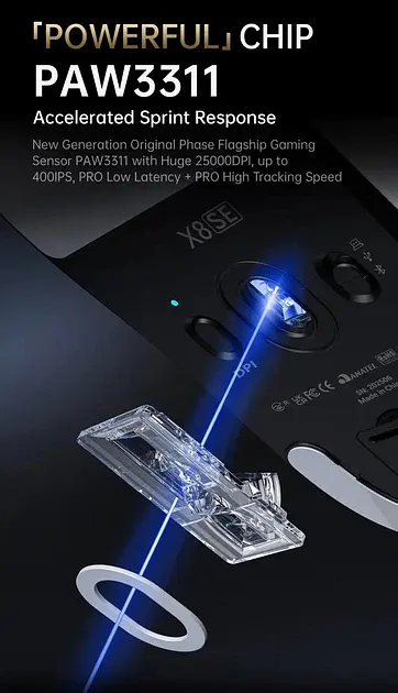 Ігрова бездротова мишка ATTACK SHARK X8SE / Три режими підключення / 55g / 25000DPI / Сенсор PAW3311 / Black - фото 4