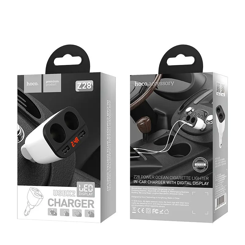 Автомобильное зарядное устройство HOCO Z28 Power ocean cigarette lighter in-car charger with digital display белый - фото 2