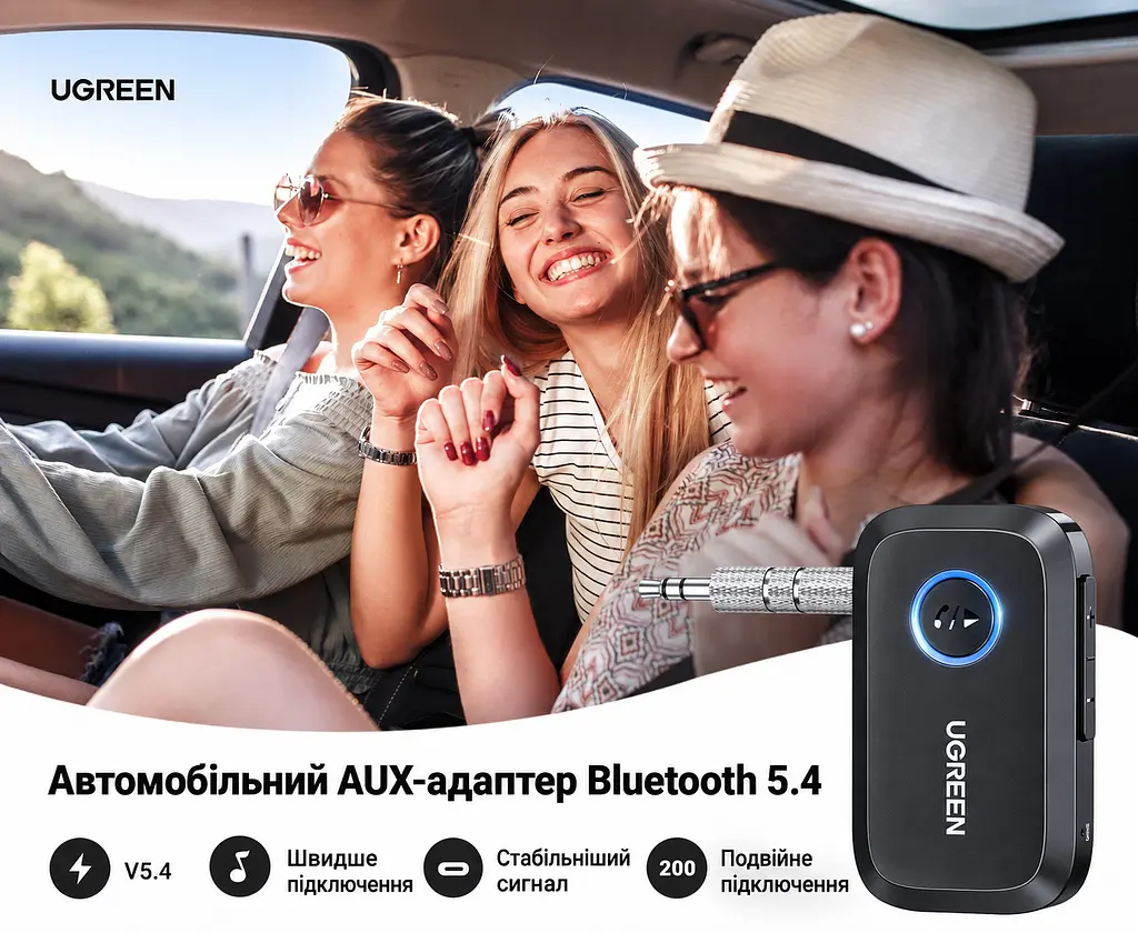 Bluetooth 5.4 аудіоприймач UGREEN CM596 AUX-адаптер вихідний штекер 3,5 мм AUX одночасне підключення двох пристроїв вбудований мікрофон для дзвінків без рук кнопки регулювання гучності DSP для зниження шуму під час дзвінків заряджання через USB-C до 15 год роботи чорний (90748) - фото 9