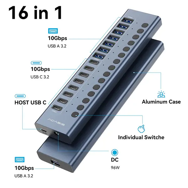 USB hub Acasis HB16 Pro на 16 портів — 8 USB-A та 8 USB-C USB 3.2 з живленням 96W (Сірий) - фото 6