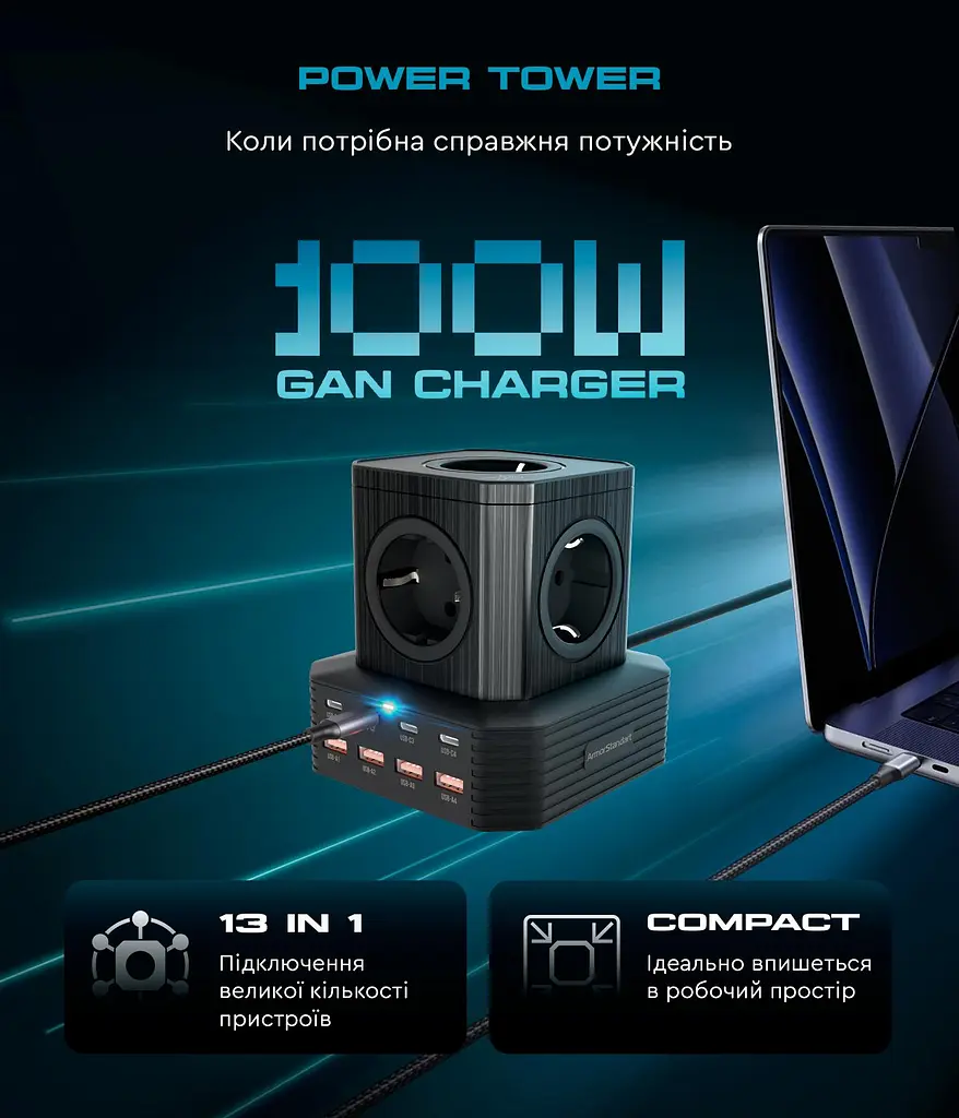 Сетевое зарядное устройство ArmorStandart Resolute Power ARP-544 100 Вт GaN 2 м Black (ARM73177) - фото 6