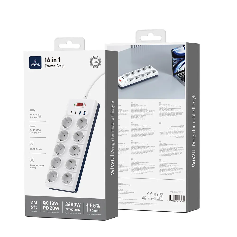 Мережевий подовжувач WIWU 14 in 1 20W GaN Power Strip 2C+2A+10AC Wi-S008 EU (2 m) Білий - фото 2