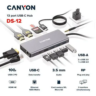Порт-реплікатор Canyon DS-12, 13 in 1 USB-C hub, 2 x HDMI, Gigabit Ethernet, VGA, 3 x USB3.0, PD/100W, 3.5mm audio jack (CNS-TDS12) - фото 2