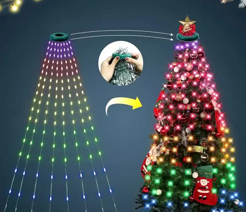 Гірлянда кольорова RGB світлодіодна LED кінський хвіст з кільцем на ялинку USB з пультом ДУ 2 метри 10 ниток - фото 5