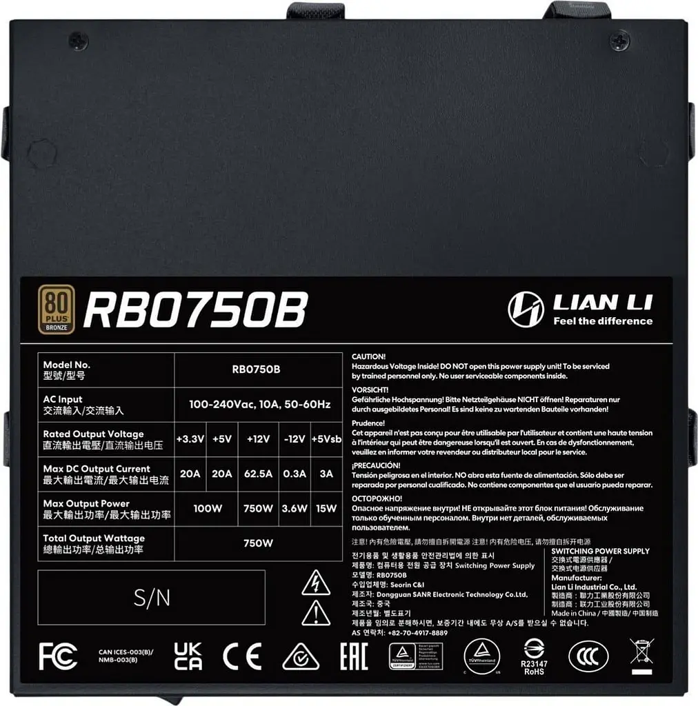 Блок питания Lian Li RB0750B 750W 80+ Bronze Black (G9P.RB0750B.B000.EU) - фото 2