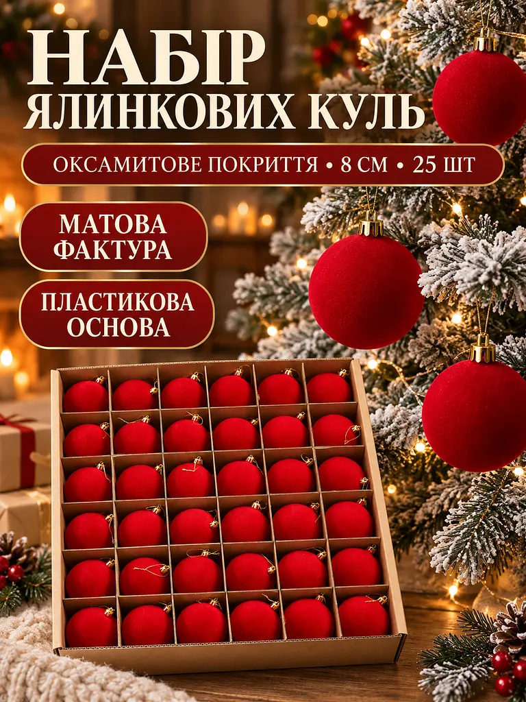 Набір новорічних оксамитових іграшок на ялинку "Шарм" 18 куль червоний - фото 3