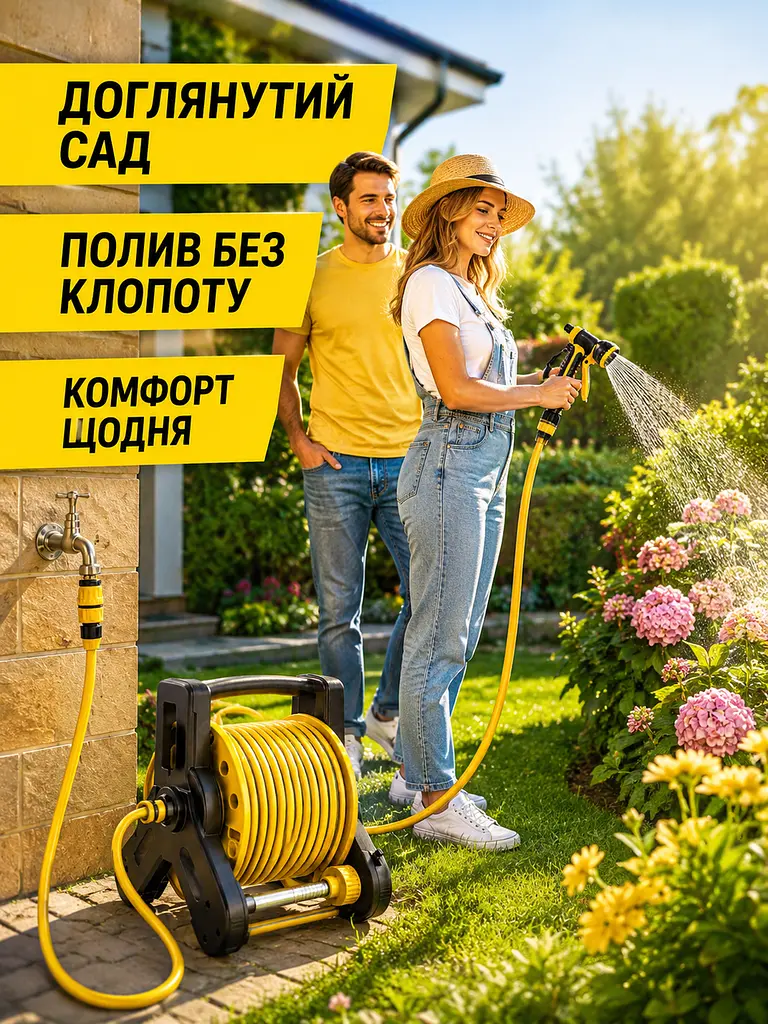 Гнучкий садовий шланг 30 м на котушці з пістолетом-розпилювачем жовтий (49675881), 30 м - фото 5