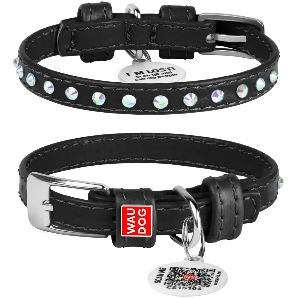 Ошейник для собак Waudog Glamour, кожаный, со стразами, с QR паспортом, XS, 19-25х0,9 см, черный - фото 3