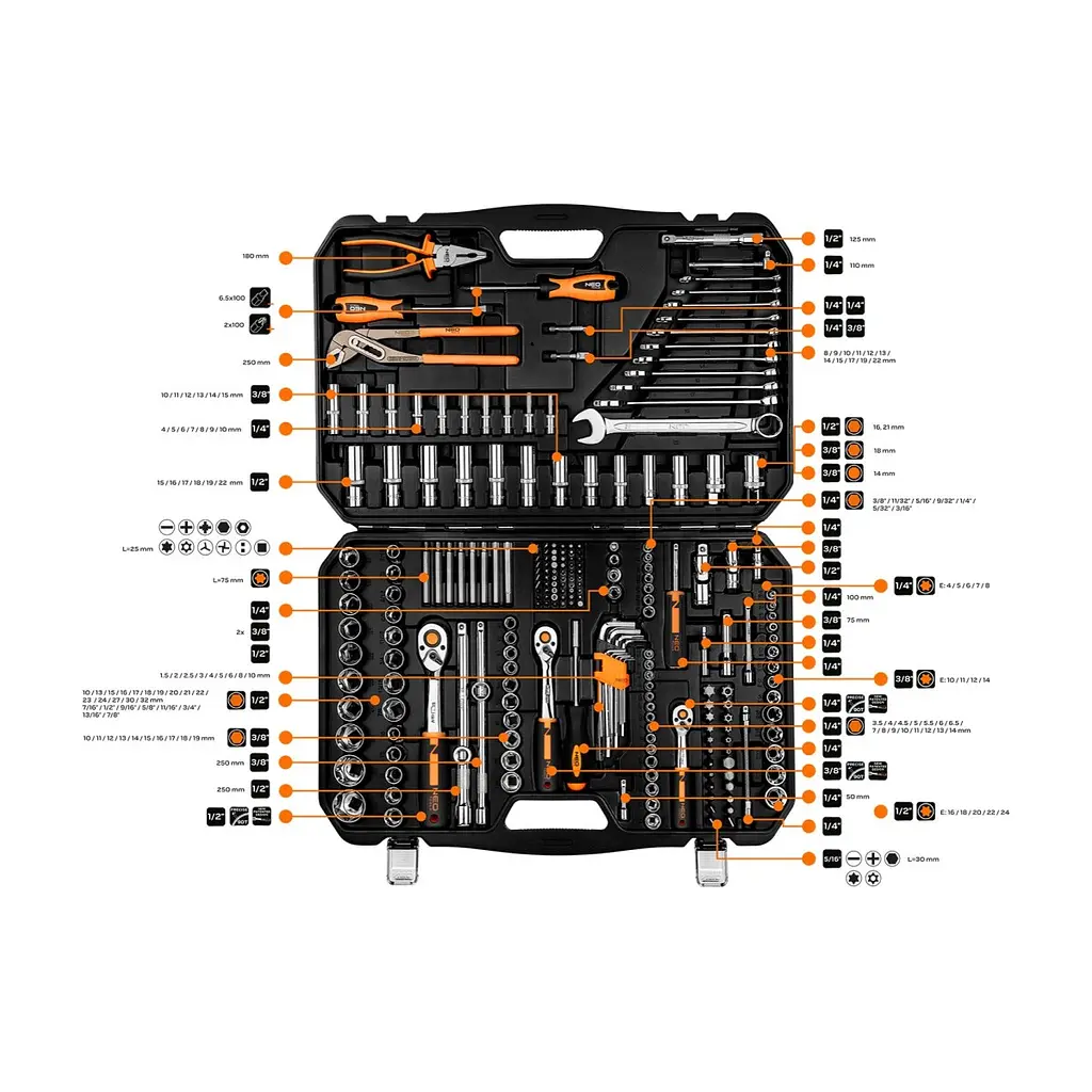 Набір інструментів Neo Tools CrV, у кейсі 1/2", 1/4", 3/8", 233 шт. (10-078) - фото 3