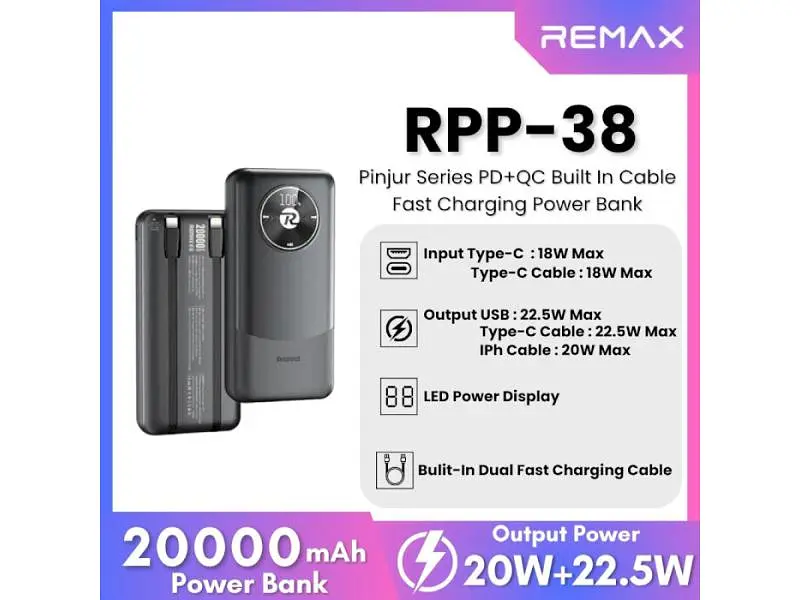 Зовнішній акумулятор (Power Bank) Remax 20000mAh 22.5W Black (RPP-38 / 45364) - фото 3