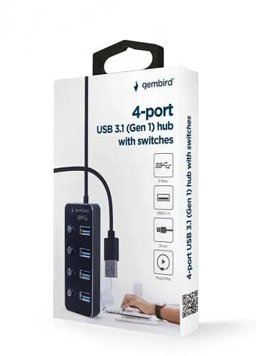 Хаб USB Gembird UHB-U3P4P-01, Black, USB 3.1 - 4xUSB 3.0, кабель 24 см, алюмінієвий корпус - фото 3