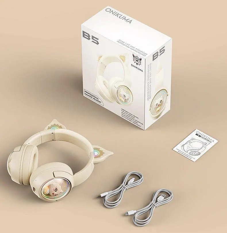 Детские игровые беспроводные Bluetooth наушники Onikuma B5 c RGB подсветкой и встроенным микрофоном Бежевый - фото 10