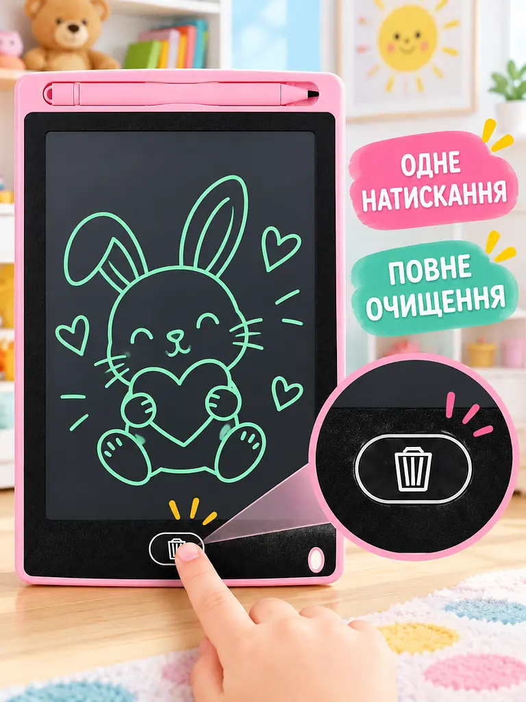 Дитячий графічний LCD планшет дошка для малювання та записів 10" + стилус, рожевий (50300102233) - фото 5