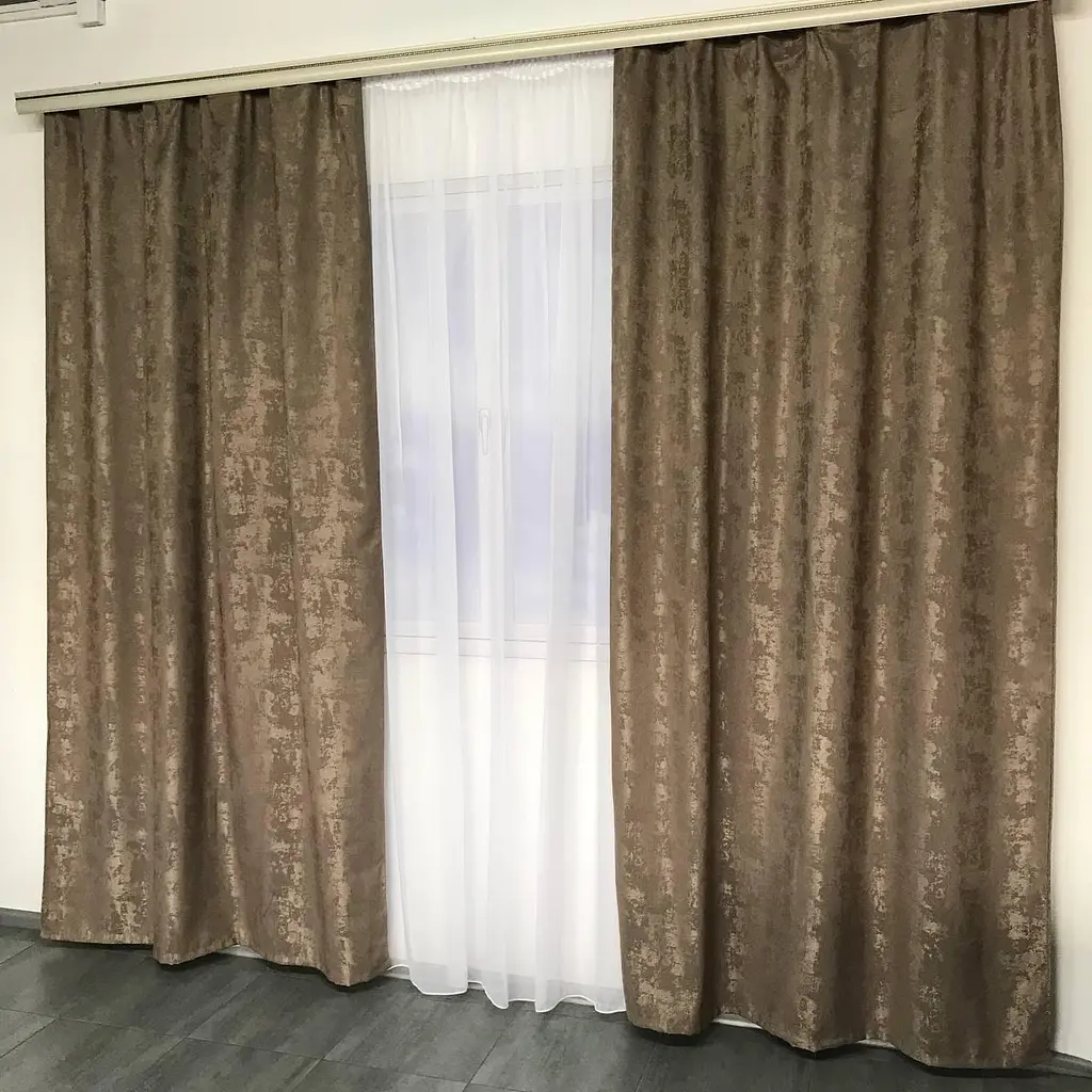 Мармурові жакардові штори кавового кольору 2шт. 150х270 з білим шифоновим тюлем 400х270, на тасьмі ALBO pbe0052667 - фото 9
