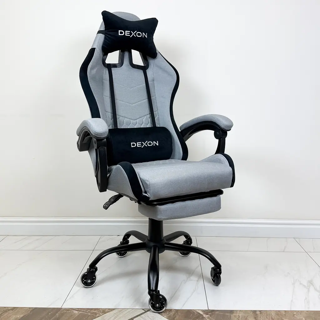 Геймерське крісло DEXON ORION X з підставкою для ніг, з тканини+подушки велюр, металева хрестовина, Сірий - фото 2