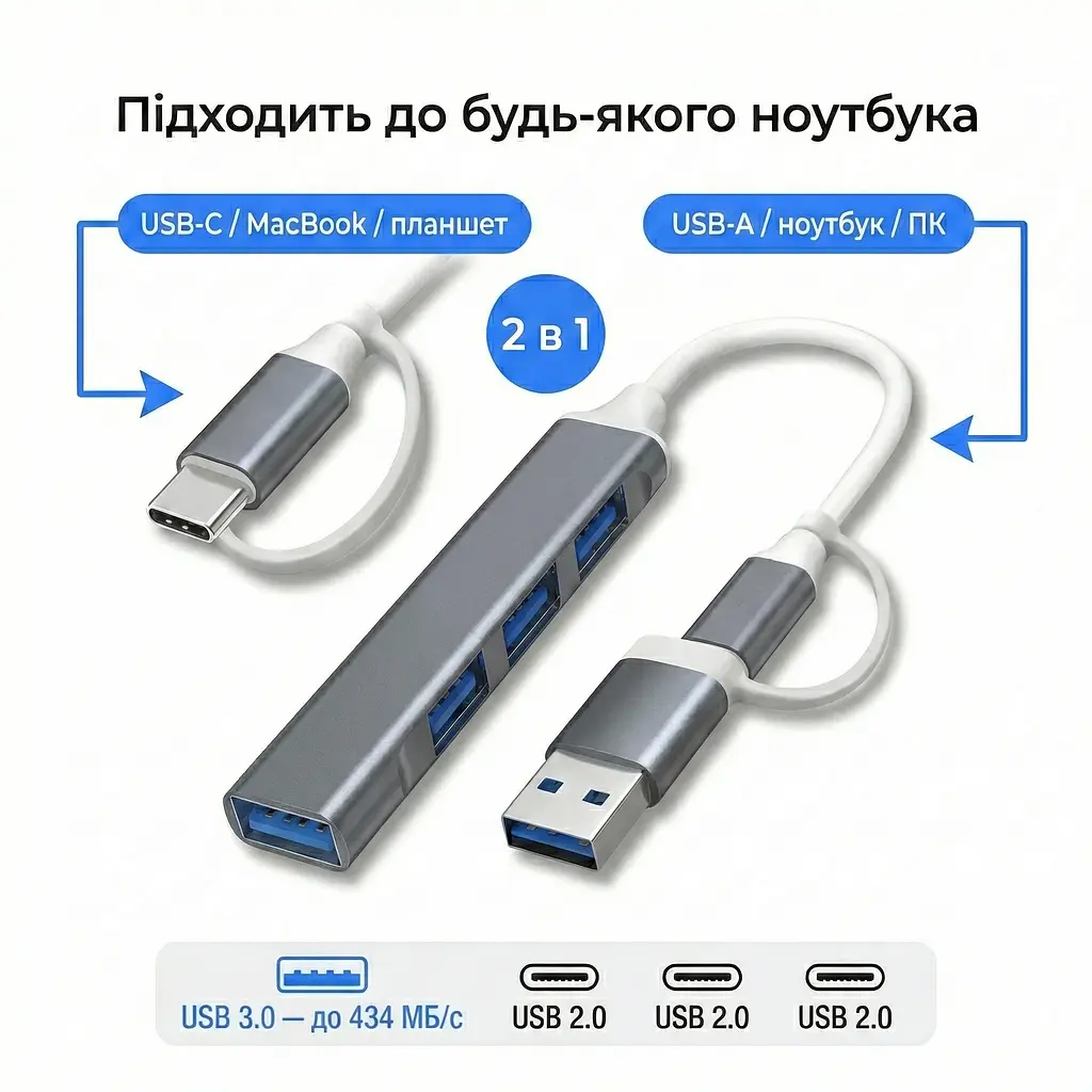 Алюмінієвий USB-хаб 4 порти 1×USB 3.0 + 3×USB 2.0 з підключенням Type-A і Type-C (графітовий) - фото 4
