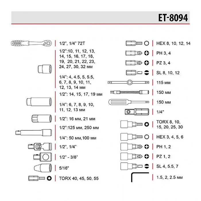Набор инструментов, 1/2" + 1/4", Cr-V, 94 ед., головки: 4-32 мм, кейс Storm Intertool ET-8094 - фото 9