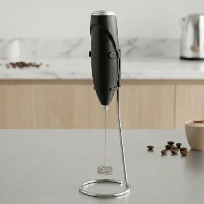 Капучинатор Milk Frother, електричний, ручний, 22 см, на батарейках AA, з підставкою, чорний