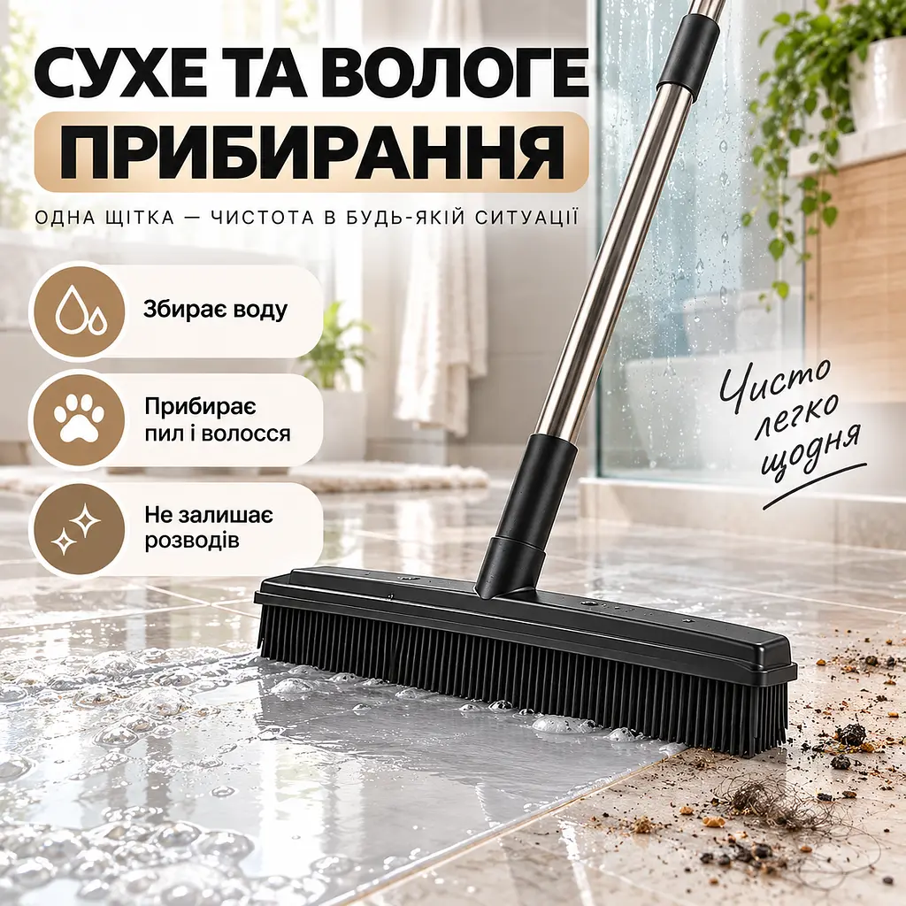 Універсальна гумова щітка-швабра 4 в 1 для підлоги, килимів, шерсті та вікон, ручка з нержавіючої сталі KT9005102 - фото 9
