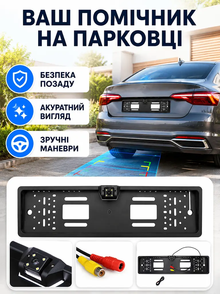 Рамка номерного знака з камерою заднього виду чорна 12V IP68 (49676018) - фото 4