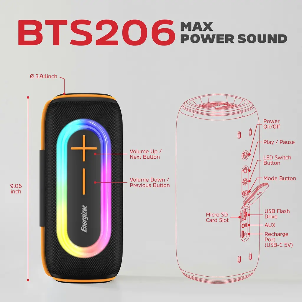 Акустична система 1.0 Energizer 20Вт Bluetooth 5.2/MicroSD/USB/AUX/FM,IPX65, 360° Sound чорна - фото 8