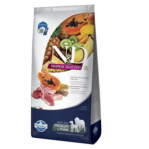 Сухий низькозерновий корм Farmina N&D TROPICAL SELECTION для дорослих собак середніх і великих порід з ягням і тропічними фруктами, 10 кг