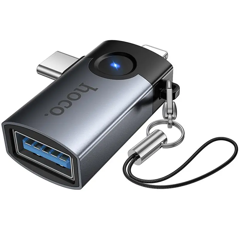 Перехідник Hoco UA46D OTG 2in1 Lightning male/Type-C male to USB female Metal gray - фото 3
