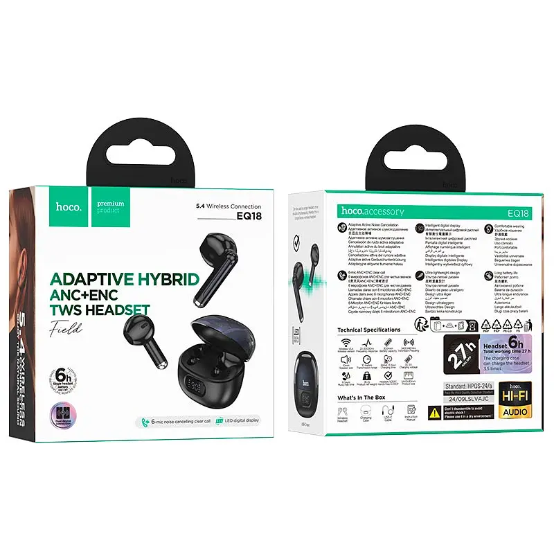 Беспроводные наушники Hoco EQ18 Field ANC+ENC noise cancelling true wireless BT headset, BT5.4, 35mAh, 300mAh, 5-6h, black - фото 3