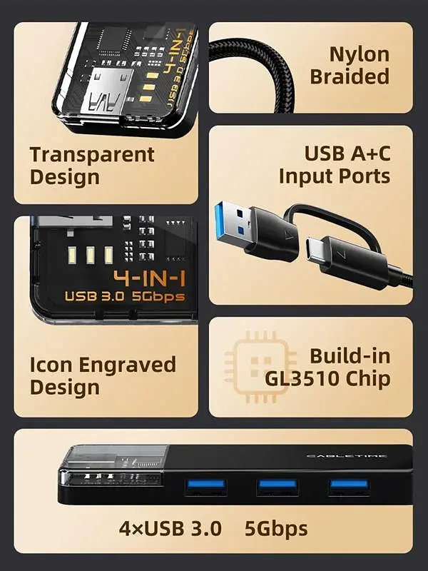 Концентратор Cabletime USB C/A – 4 Port USB 3.0, 5Gbps, 0.15 m (CB05B) - фото 3