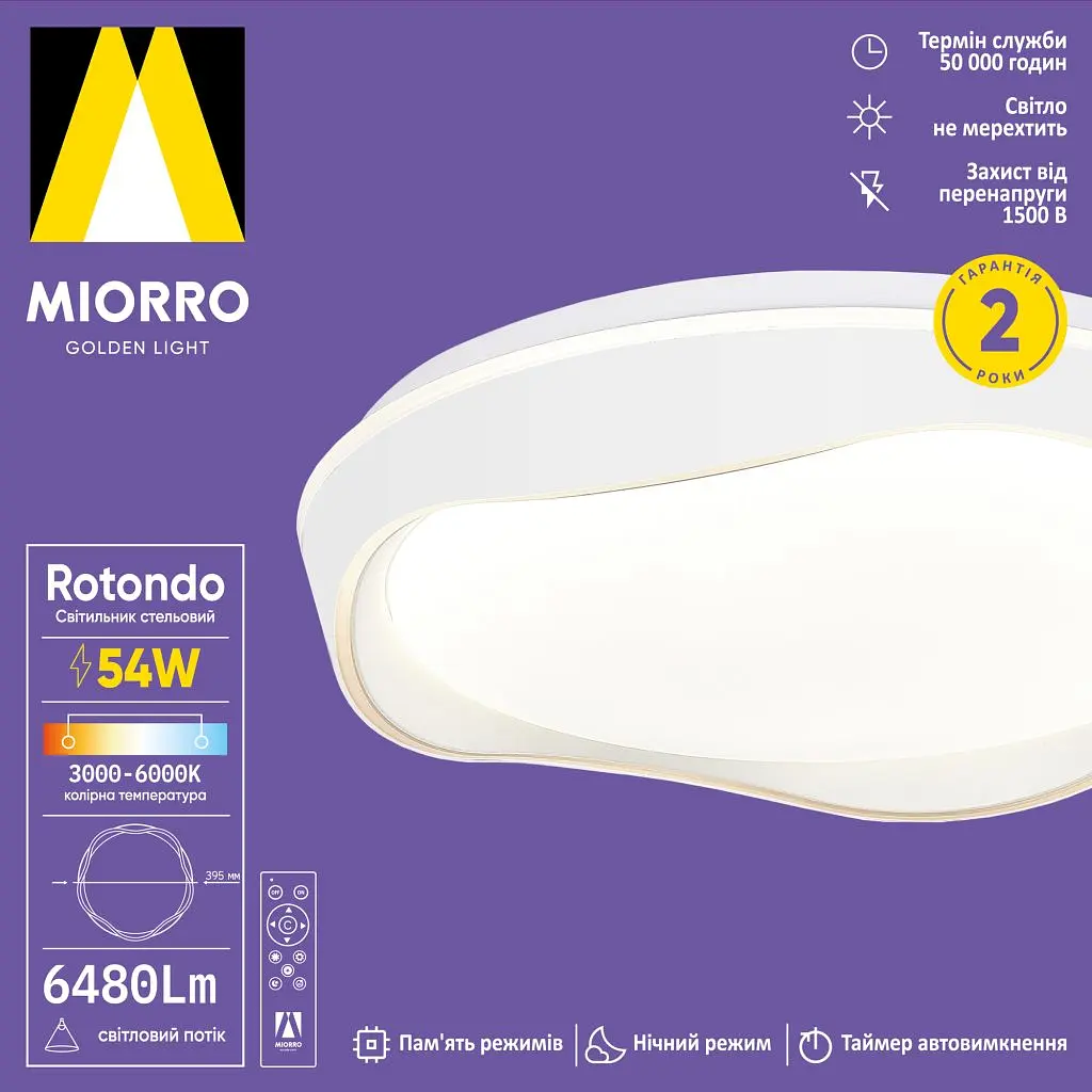 Світильник стельовий Miorro LED Rotondo з пультом ДУ 54W 6480 Лм 395 мм білий (51-313-032) - фото 2